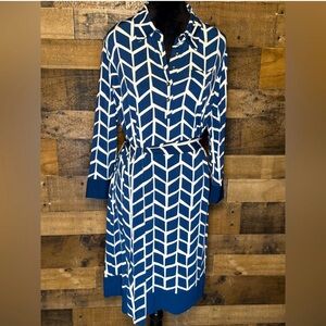 Donna Morgan Blue White Collared Belted Dress V Neck Size 12 AB 545
